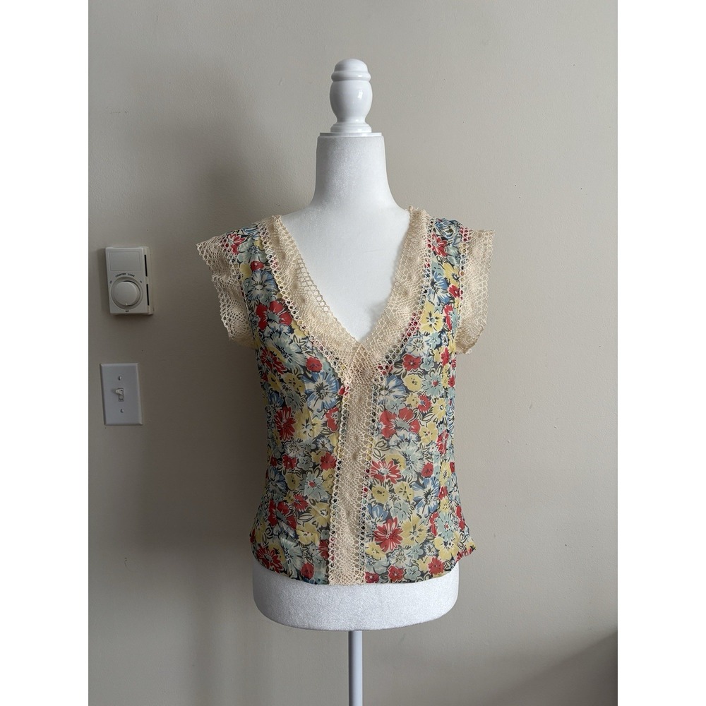 Lauren Moffat Womens Medium Blouse SILK Crochet Floral Lined Boho *small flaw‎